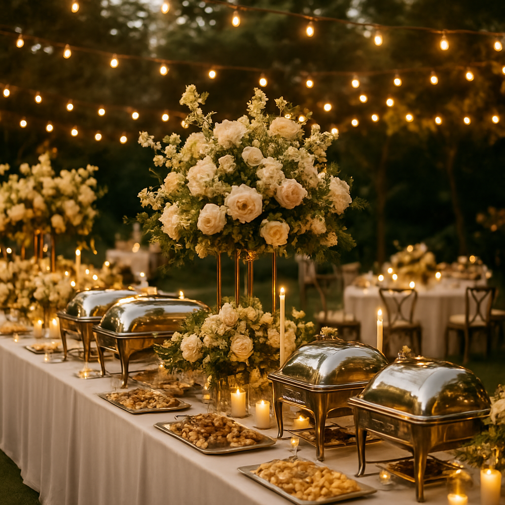 Elegant event catering setup with buffet and floral decor